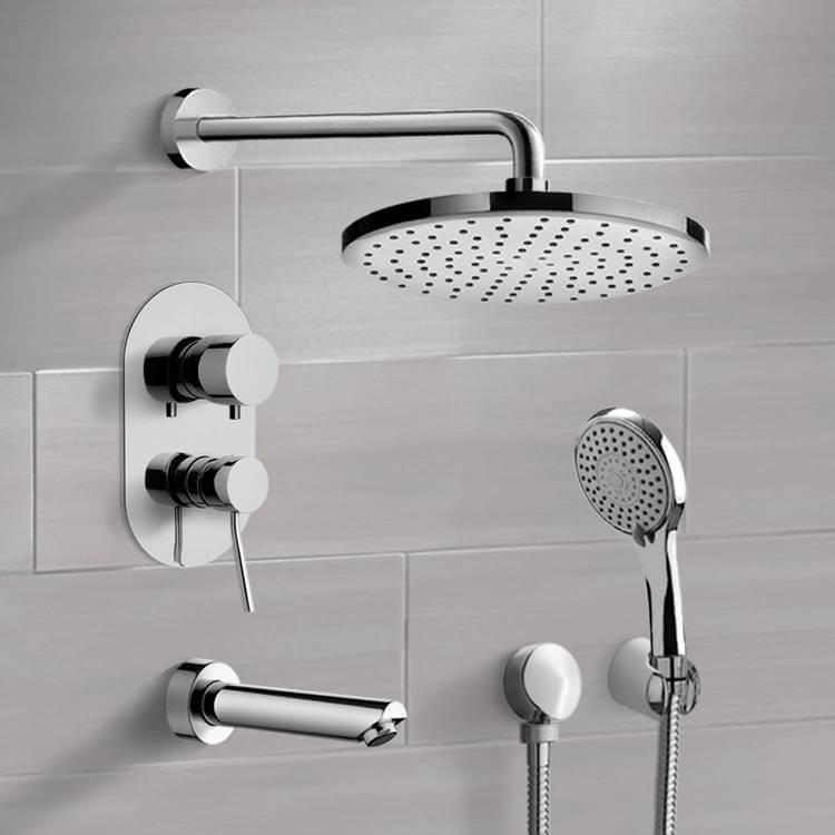 Remer TSH46-8 Chrome Tub and Shower Set with 8 Inch Rain Shower Head and Hand Shower